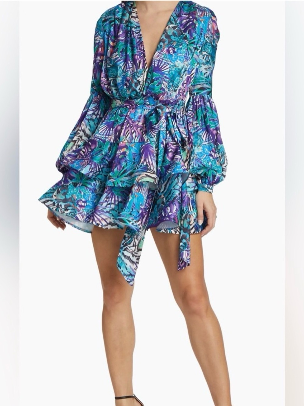 Bronx and Banco Teal & Purple Tropical Wrap Mini Dress